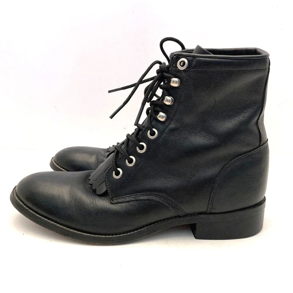 Justin Boots Roper Lace Up Western Boots Jr Girls 5 D Black Leather 620Y Kiltie‎